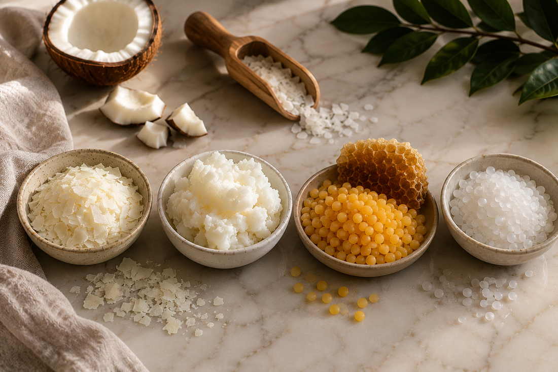Quattro tipi di cere naturali e paraffina in ciotole su superficie chiara con luce naturale.