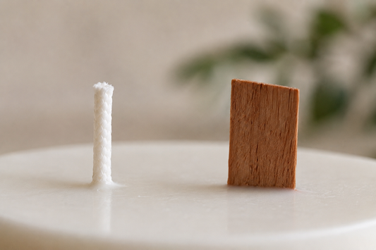 Stoppini per candele in legno e cotone su sfondo minimal