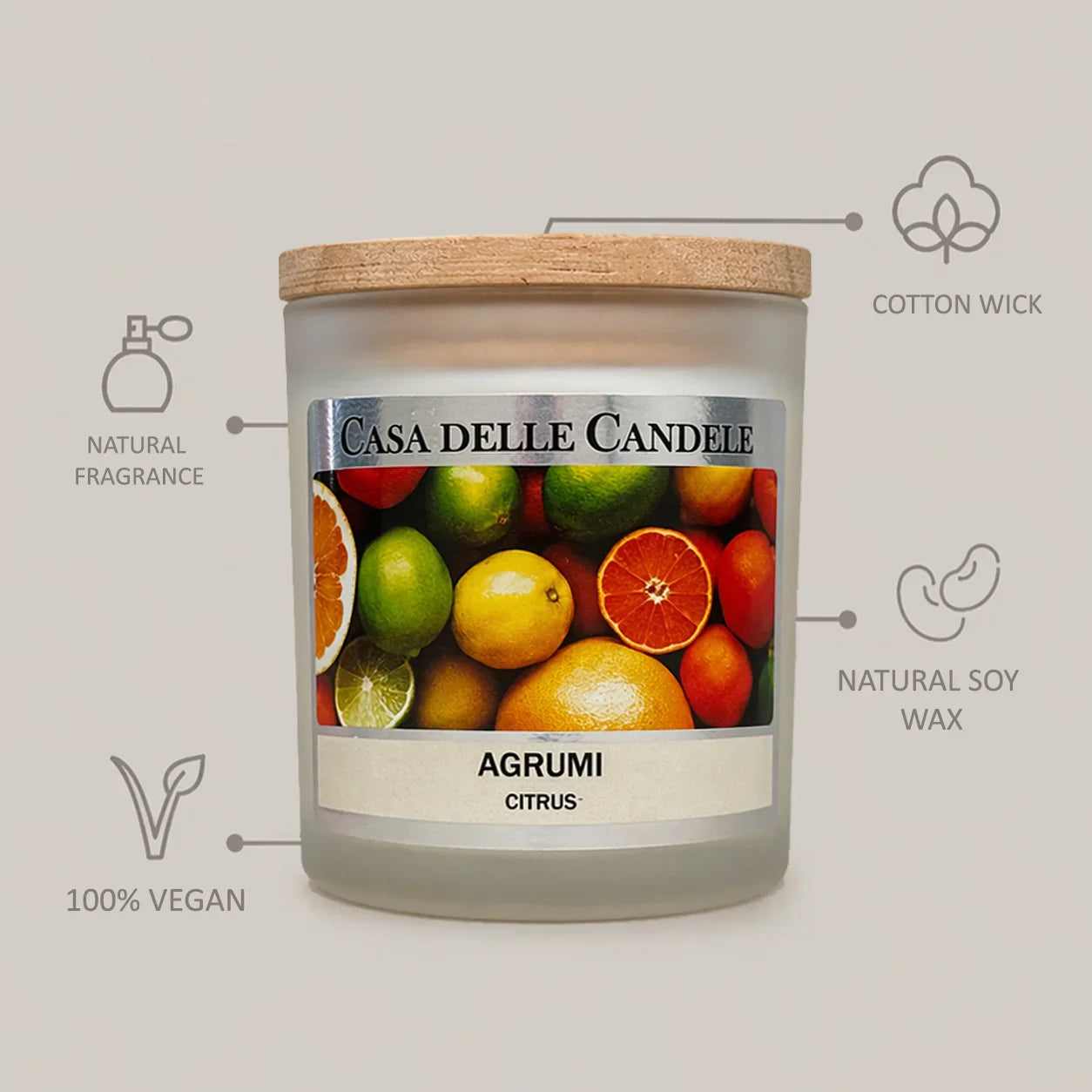 candela in cera di soia agrumi con descrizione