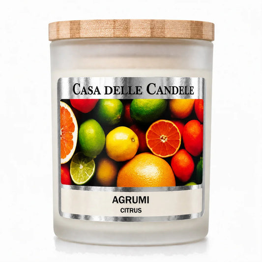candela in cera di soia agrumi primo piano