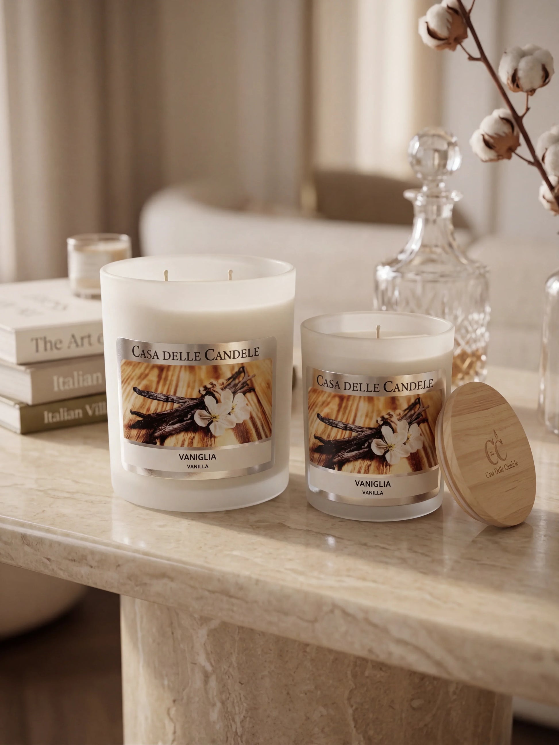 candela in cera di soia 200g e 430g vaniglia atmosfera elegante