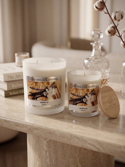 candela in cera di soia 200g e 430g vaniglia atmosfera elegante