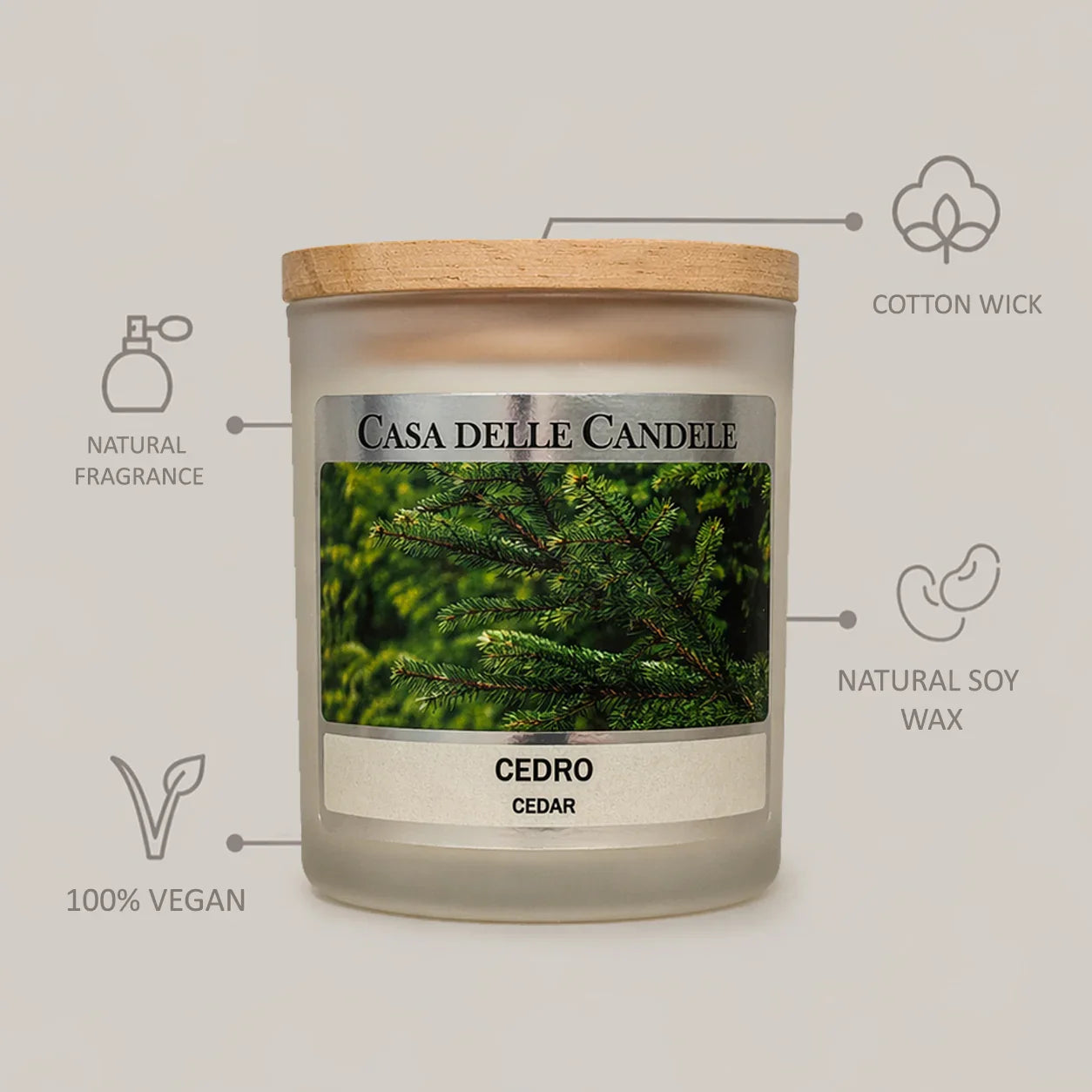 candela in cera di soia cedro con descrizione