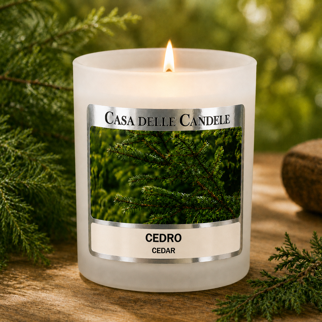 candela in cera di soia cedro con legno naturale