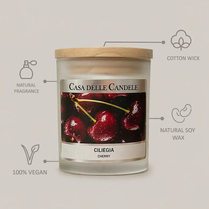 candela in cera di soia ciliegia con descrizione