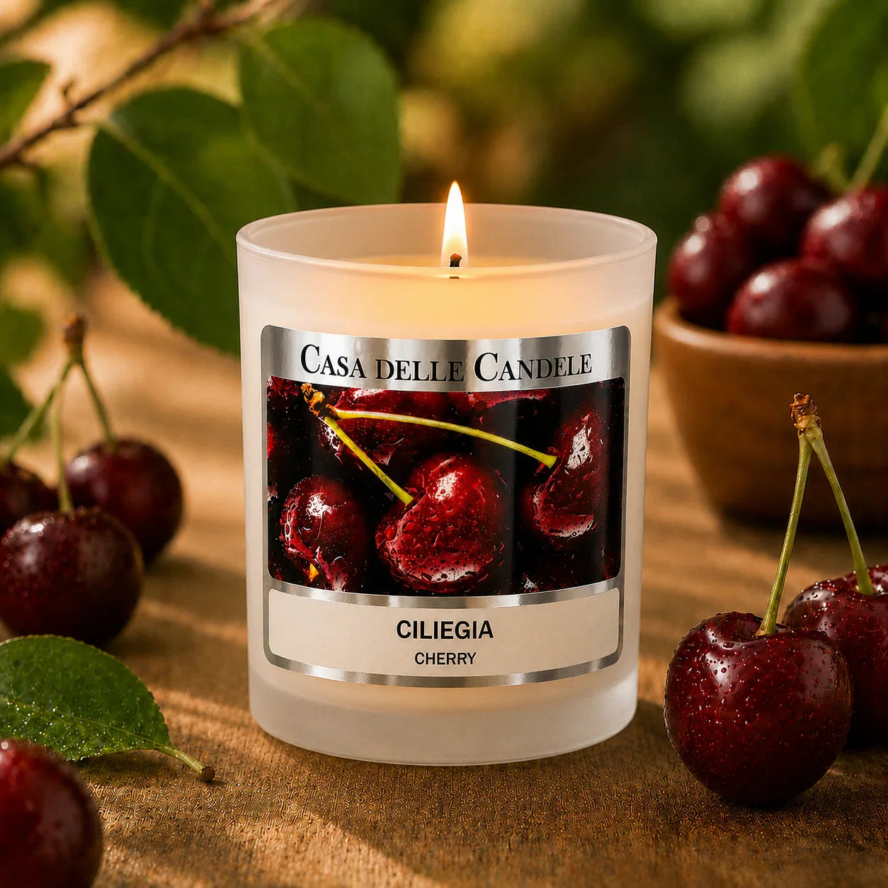 candela in cera di soia ciliegia con ciliegie fresche