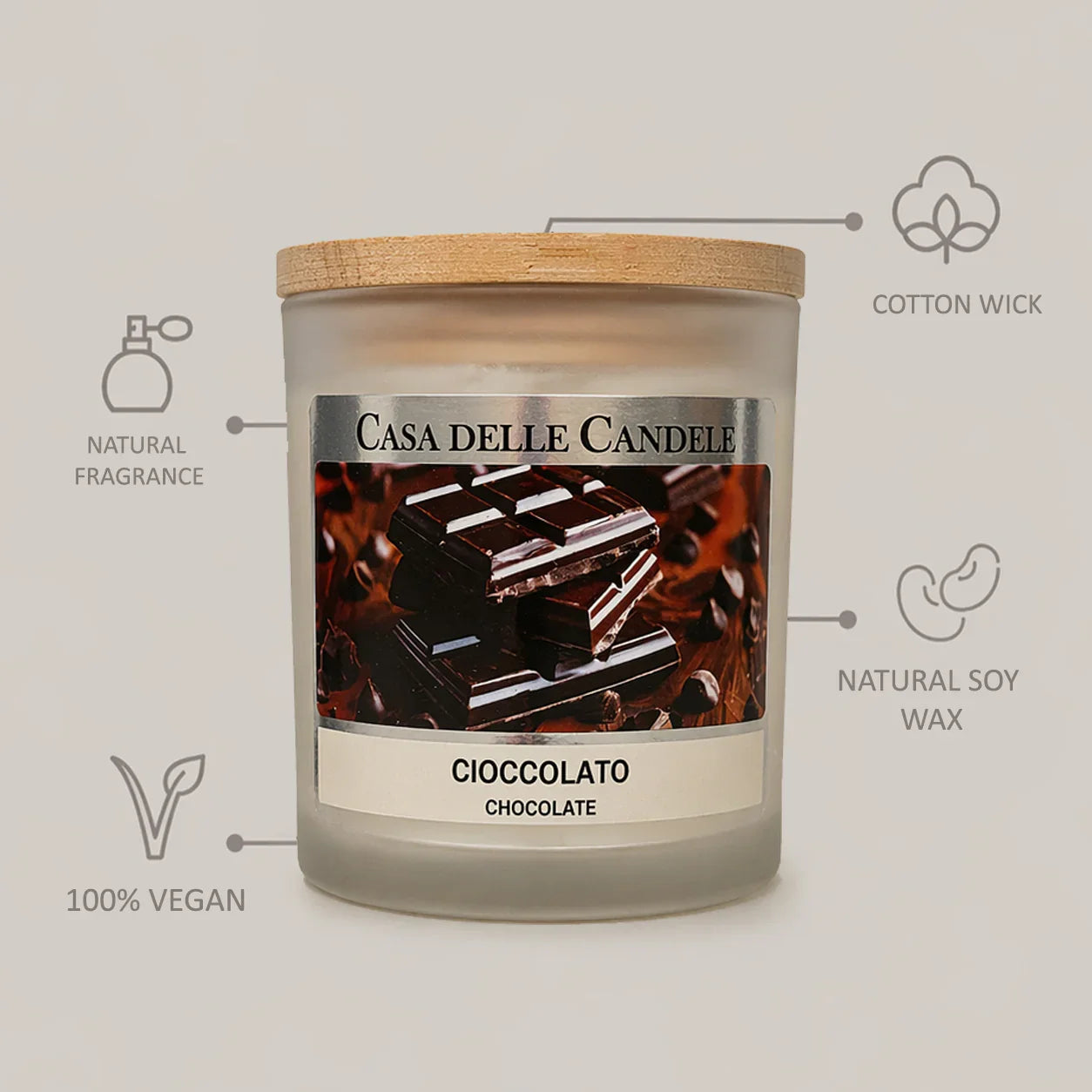 candela in cera di soia cioccolato con descrizione