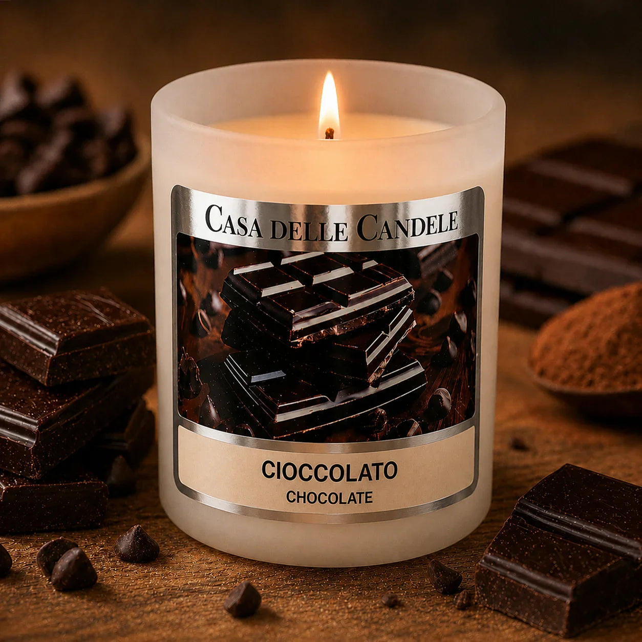 candela in cera di soia cioccolato con tavolette