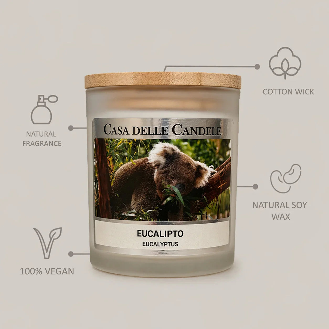 candela in cera di soia eucalipto con descrizione