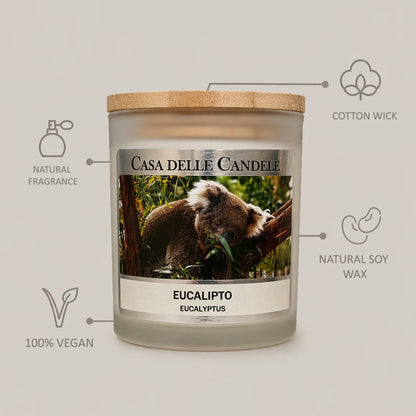 candela in cera di soia eucalipto con descrizione