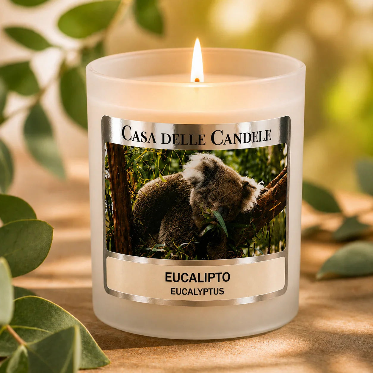 candela in cera di soia eucalipto con foglie naturali