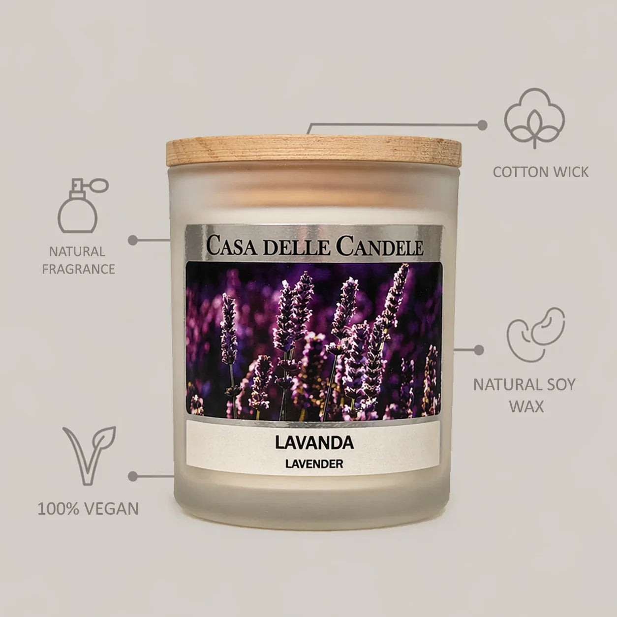 candela in cera di soia lavanda con descrizione