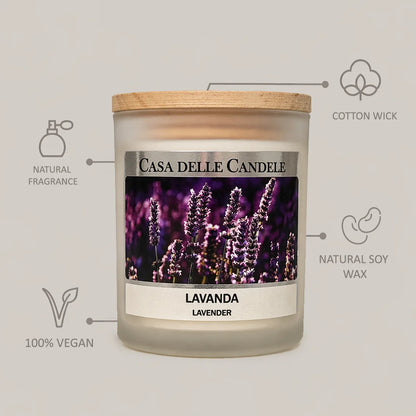 candela in cera di soia lavanda con descrizione