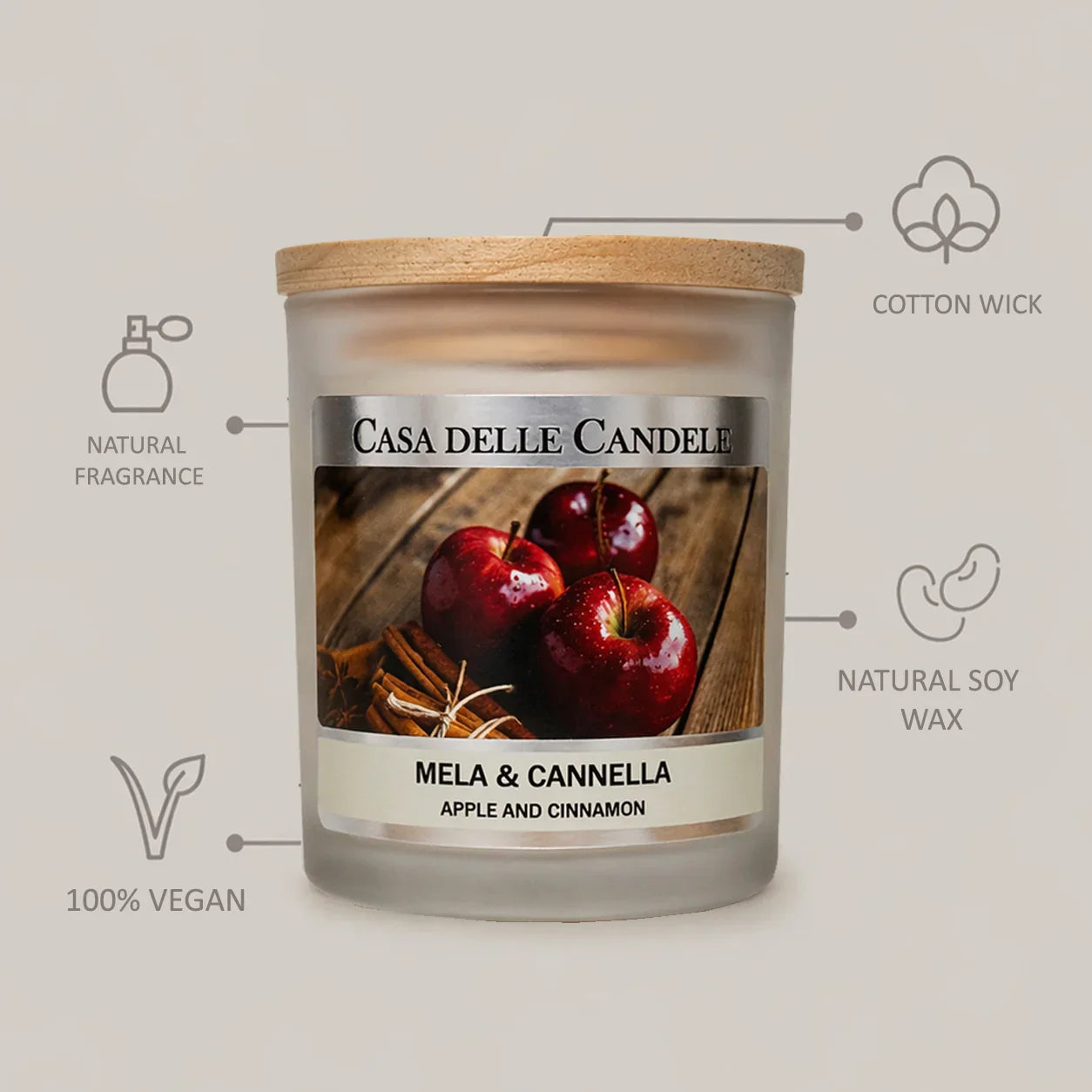 candela in cera di soia mela e cannella con descrizione 