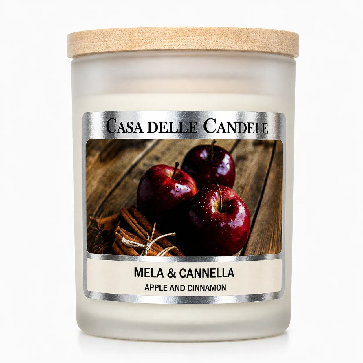 candela in cera di soia mela e cannella primo piano