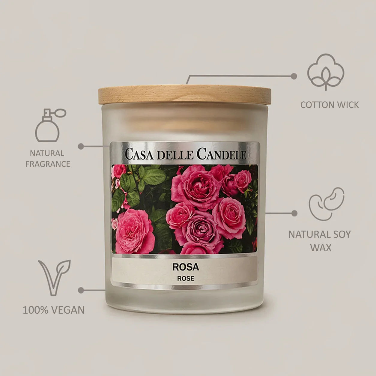 candela in cera di soia rosa con descrizione