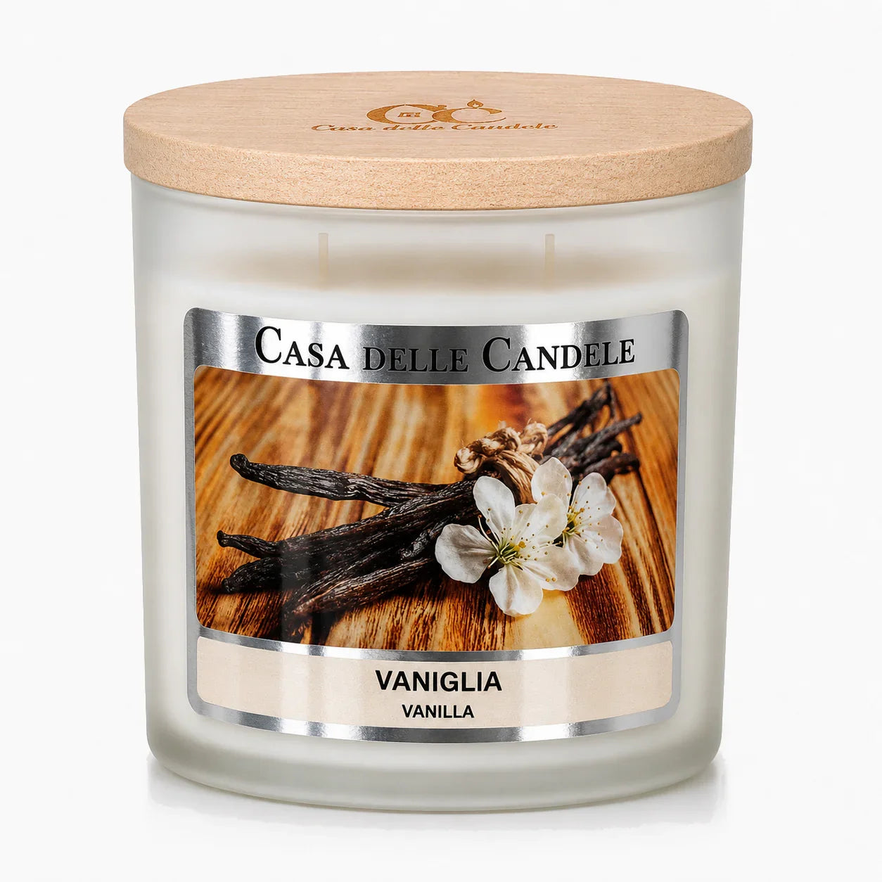 candela in cera di soia vaniglia 430g primo piano in barattolo di vetro