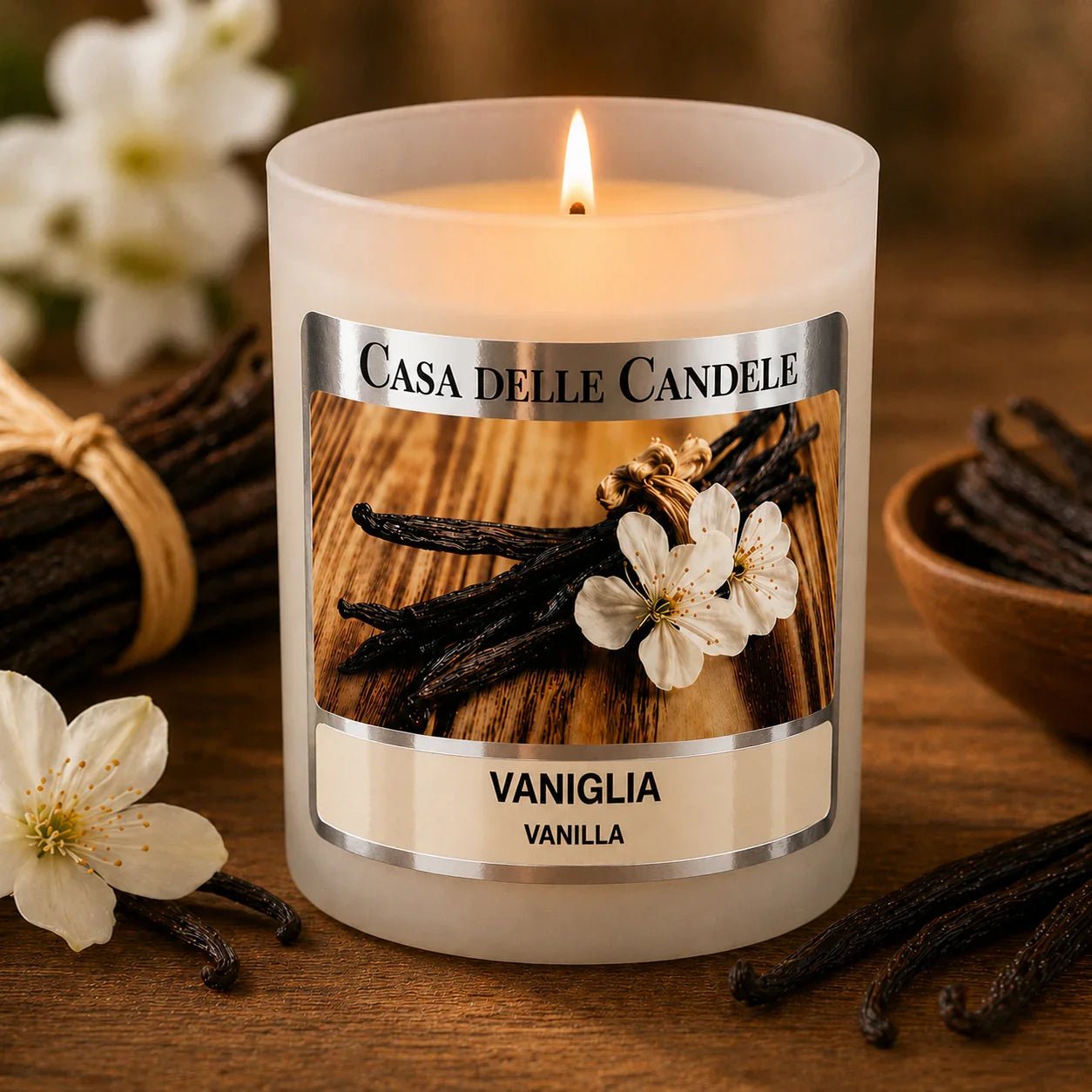 candela in cera di soia vaniglia con baccelli naturali