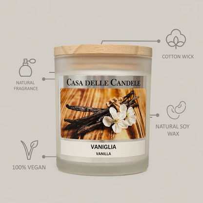 candela in cera di soia vaniglia con descrizione