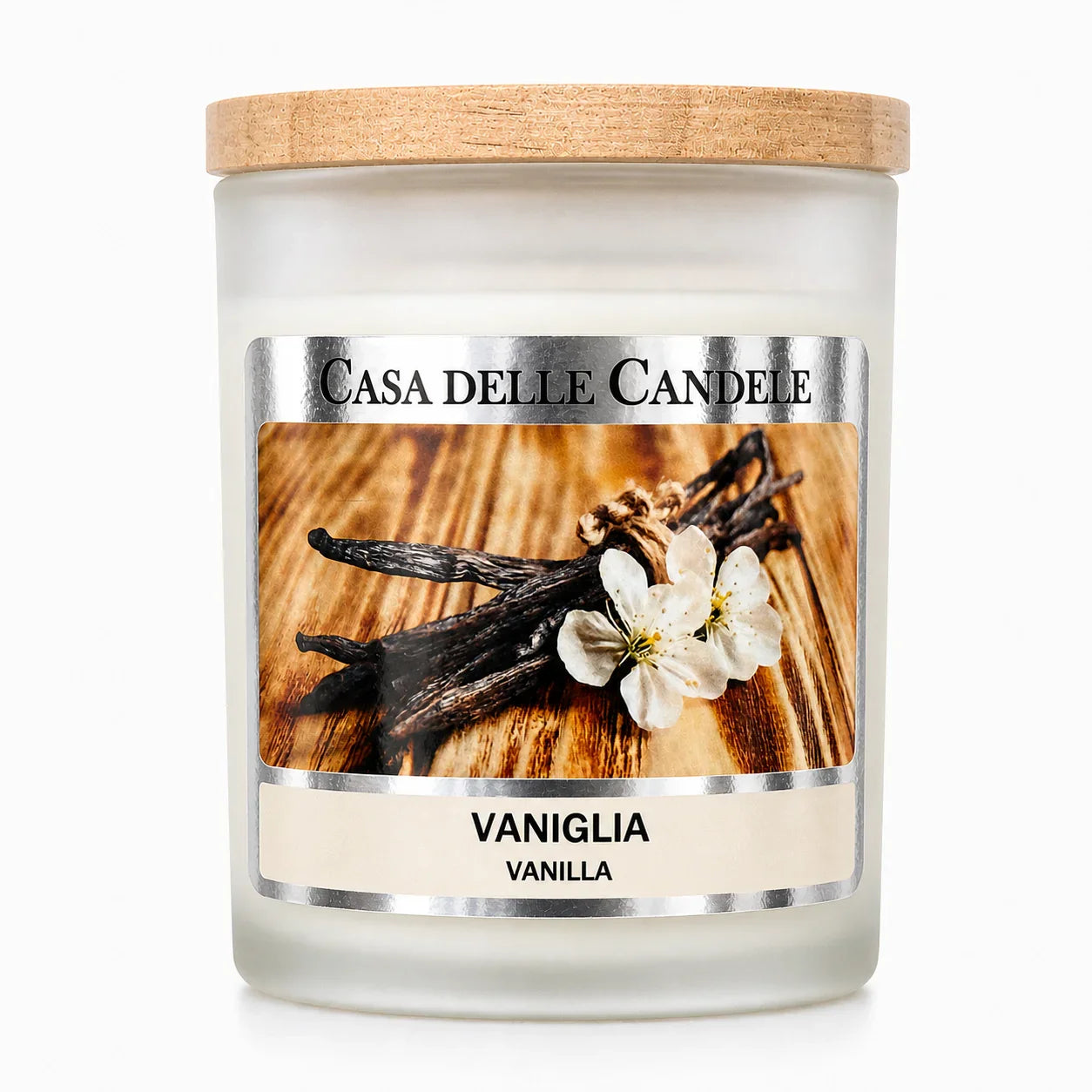 candela in cera di soia vaniglia primo piano in barattolo di vetro